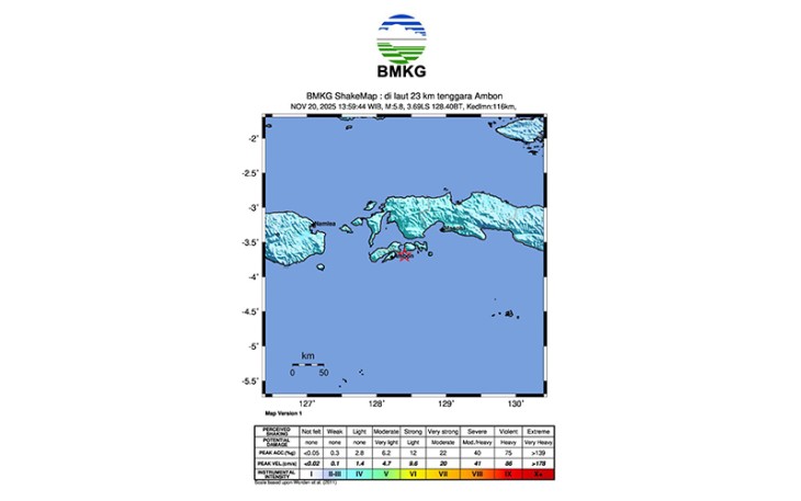 Hasil analisis BMKG menunjukkan gempabumi ini memiliki parameter update dengan magnitudo M5,8.