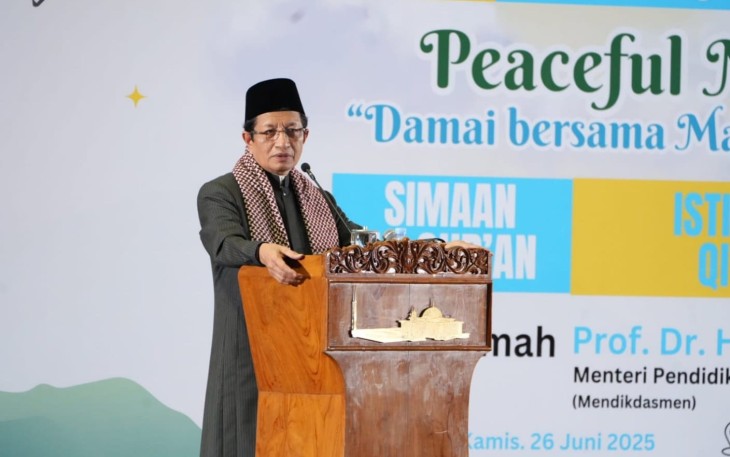 Menag dalam acara peringatan 1 Muharam tingkat kenegaraan yang bertema Peaceful Muharram: Damai Bersama Manusia dan Alam, yang digelar di Masjid Istiqlal, Jakarta, Kamis (26/6/2025).