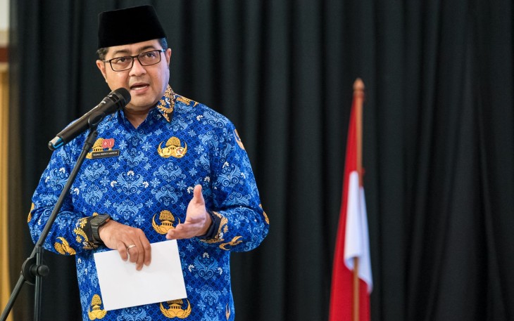 Menteri Ekraf, Teuku Riefky Harsya saat memberikan amanat dalam pengukuhkan Dewan Pengurus KORPRI Kementerian Ekraf Masa Bakti 2025–2030 di Kantor Kementerian Ekraf, Jakarta, Kamis, 14 Agustus 2025.