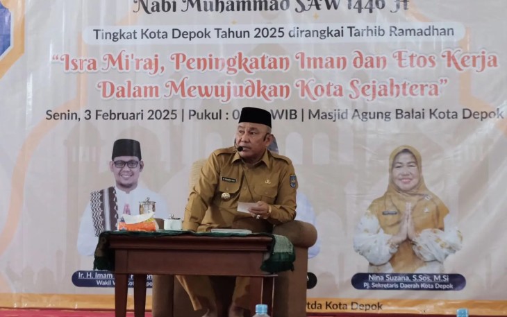 Wali Kota Depok, Mohammad Idris, menyampaikan sejumlah pesan dalam Peringatan Isra Miraj Nabi Muhammad SAW 1446 H Tingkat Kota Depok yang dirangkaikan dengan Tarhib Ramadan di Masjid Agung Balai Kota Depok, Senin (03/02/24).