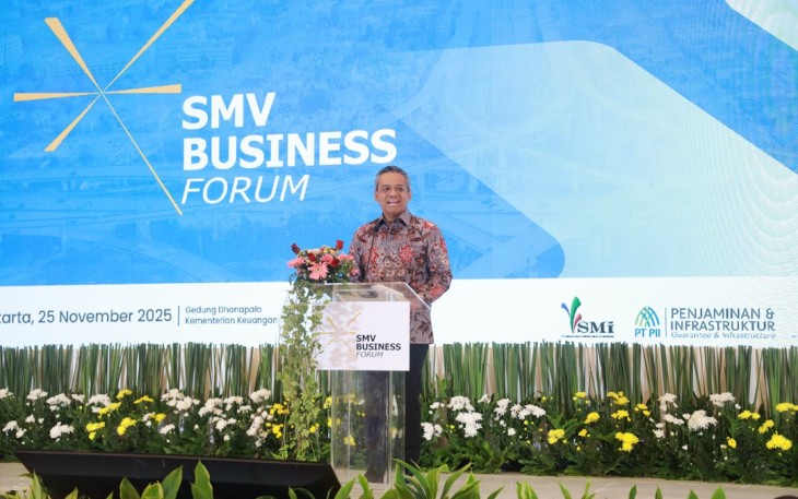 Wamenkeu Suahasil Nazara saat berbicara pada Forum Bisnis SMV 2025, Selasa (25/110 di Jakarta.