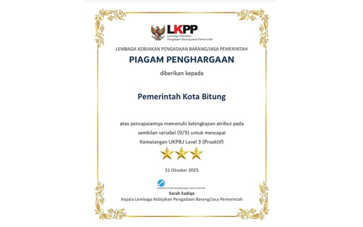 Piagam Penghargaan Kematangan UKPBJ Level 3 Proaktif