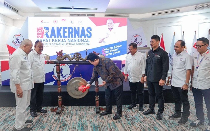 Menpora Erick Thohir saat membuka rakernas Muaythai Indonesia 2026 di Jakarta, Jum'at (10/4)