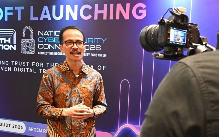 Ketua Umum APTIKNAS, Ir. Soegiharto Santoso, S.H., menyampaikan keterangan pers terkait dukungan percepatan pengesahan RUU RUU KKS pada Soft Launching NCC 2026, (6/8/2026).