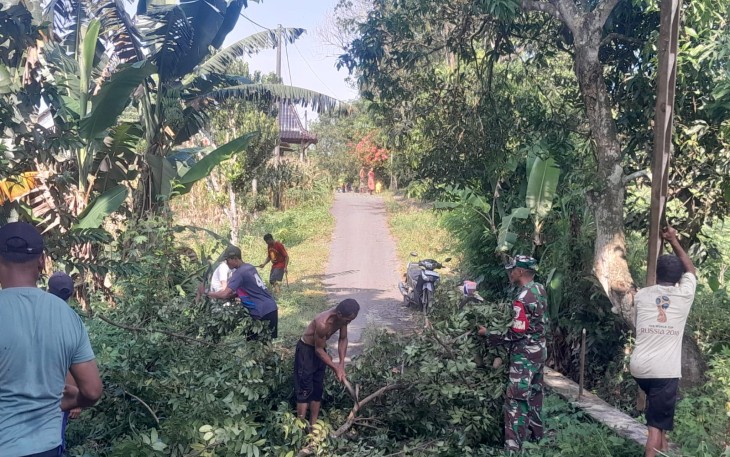 Babinsa dan Warga Bulu Bergotong Royong Pangkas Dahan Pohon di Sepanjang Jalan