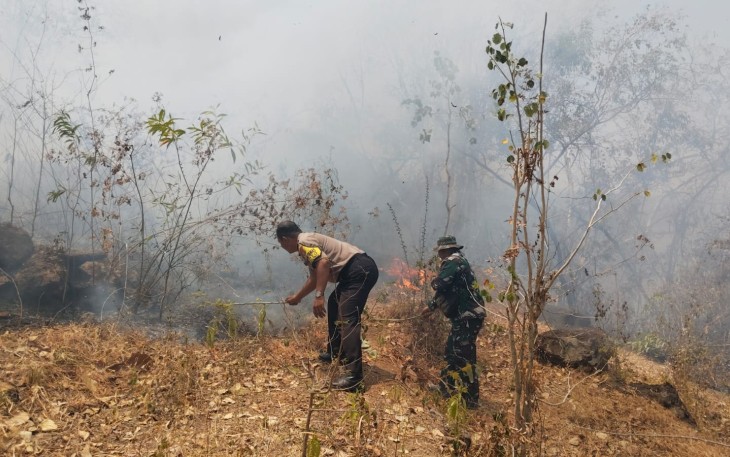 Hutan di Gunung Sadranan Kecamatan Slahung Terbakar, Babinsa Broto Bersama Komponen masyarakat Sigap Padamkan Api 