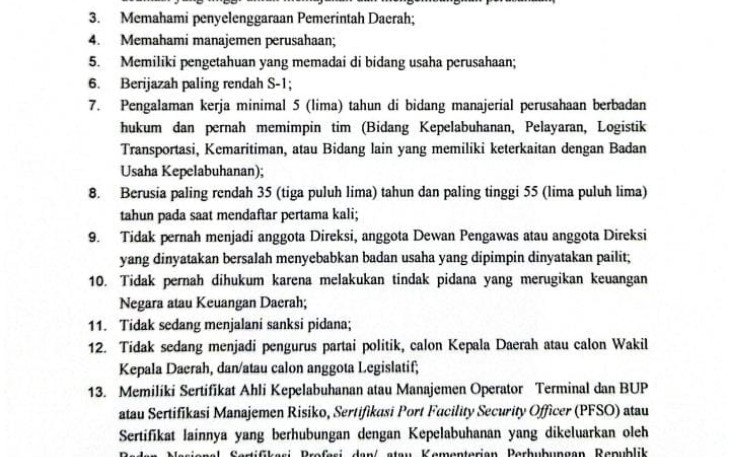 Pendaftaran Dirut PT Bintan Karya Bahari Masih Diperpanjang