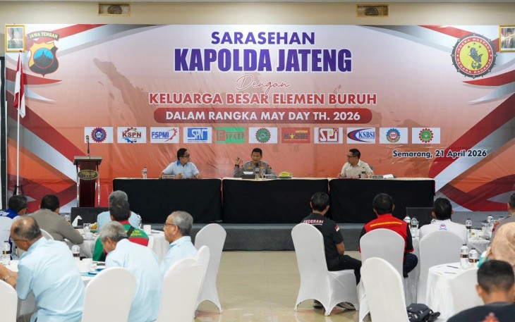 Sarasehan Kapolda Jateng bersama elemen buruh se-Jawa Tengah, di D'Atrium Hotel MG Setos, Kota Semarang, pada Selasa (21/4/2026). (Foto: Istimewa)