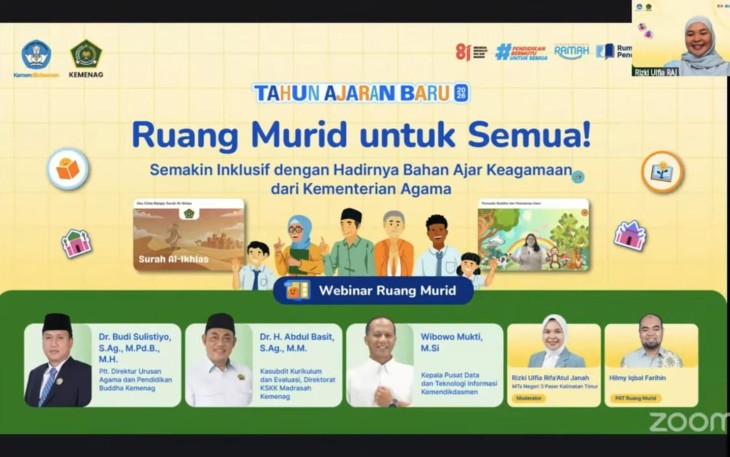 Webinar Perilisan Bahan Ajar Keagamaan pada Ruang Murid yang diikuti sekitar 3.000 guru, kepala sekolah, kepala madrasah, pengawas, dan pemangku kepentingan pendidikan dari berbagai daerah di Indonesia secara daring, Jumat (7/8). 