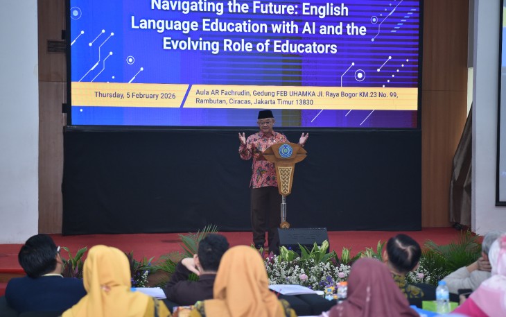 Menteri Pendidikan Dasar dan Menengah (Mendikdasmen), Abdul Mu’ti, dalam seminar internasional dengan tema Navigating the Future: English language Education with AI and the evolving Role of Educators yang digelar di Universitas Muhammadiyah Prof. Dr. HAMKA (UHAMKA), Jakarta, Kamis (5/2)