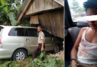 Pelaku pencurian mobil berhasil dilumpuhkan setelah mobil yang dicurinya menabrak warung kosong di depan rumah makan Rahmat Ilahi.