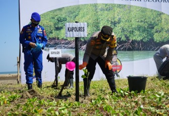 Kapolres Kendal AKBP Yanuar Arifianto SH SIK MH menanam mangrove di pesisir Pantai Indah Kemangi