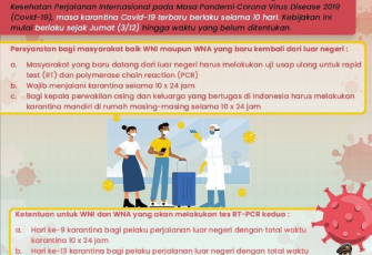 Edaran nomor 23 tahun 2021 tentang Protokol Kesehatan Perjalanan Internasional pada Masa Pandemi Corona Virus Disease 2019 (Covid-19), masa karantina Covid-19 terbaru