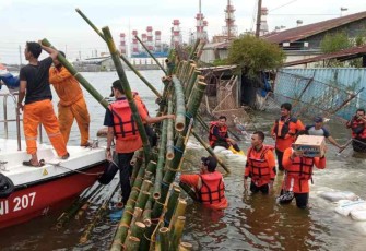 Berjibaku Perbaiki tanggul pasca banjir rob di kawasan industri Lamacitra