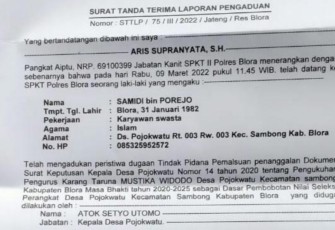 Surat Tanda Terima Laporan Pengaduan nomor STTLP/75/III/2022/Jateng/ Res Blora 