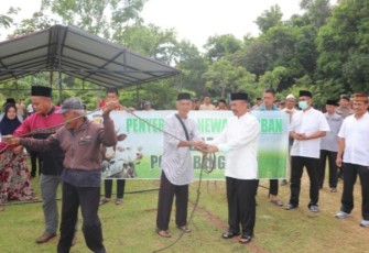 Penyerahan sapi kurban oleh Kapolda Bengkulu dan jajaran kepada panitia.