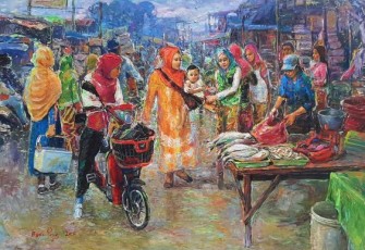Ilustrasi lukisan mengenai pasar tradisonal Indonesia: Pinterst 