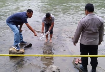 Personel Polsek Padang Bolak saat melakukan Olah TKP di Sungai Batang Pane