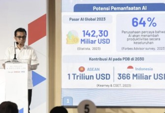 Wakil Menteri Komunikasi dan Informatika Nezar Patria dalam Peluncuran AI Policy & Skilling Lab Indonesia di Grand Ballroom Kempinski, Jakarta Pusat, Senin (11/12/2023)