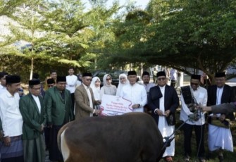 Pj Gubernur Sulbar Prof Zudan Arif Fakrulloh saat menyerahkan hewan qurban 