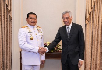 Panglima TNI Laksamana TNI Yudo Margono saat bertemu  Perdana Menteri Singapura Lee Hsien Long, bertempat di Istana Negara Singapura, Rabu (15/3/2023).