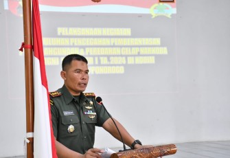 Komandan Kodim 0802/Ponorogo Letkol Inf Dwi Soerjono menekankan kepada seluruh anggota baik PNS maupun prajurit untuk tidak sekali kali terlibat dalam kegiatan penyalahgunaan narkoba, Rabu (12/06/2024)