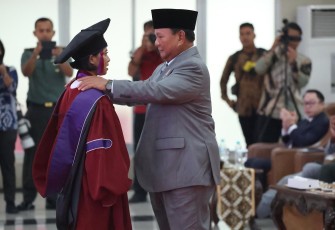 Menhan Prabowo saat Hadiri Acara Wisuda Unhan RI di Aula Merah Putih Unhan RI, Kawasan IPSC–Sentul, Bogor, Senin (12/2/2024).