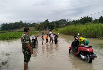 Babinsa Posramil Pitu Kodim 0805/Ngawi Serma Eko bersama Bhabinkamtibmas melaksanakan Pemantauan banjir luapan sungai bengawan Solo yang melintasi daerah tersebut, guna mengantisipasi ketinggian air