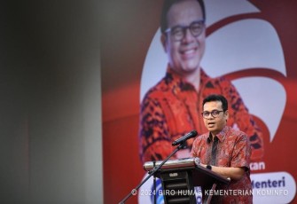 Wakil Menteri Komunikasi dan Informatika Nezar Patria dalam sambutan Penyerahan Hadiah National Math & English Olympiad ULBI di Bandung, Kamis (11/01/2024).