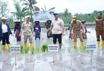 Wamentan Sudaryono saat tanam padi varietas unggul di Kabupaten Lombok Tengah, Senin (6/1)