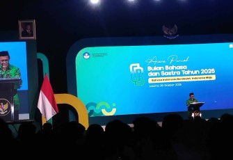 Kepala Badan Bahasa Hafidz Muksin saat memberikan sambutan di Jakarta, Selasa (28/10)