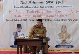 Wali Kota Depok, Mohammad Idris, menyampaikan sejumlah pesan dalam Peringatan Isra Miraj Nabi Muhammad SAW 1446 H Tingkat Kota Depok yang dirangkaikan dengan Tarhib Ramadan di Masjid Agung Balai Kota Depok, Senin (03/02/24).