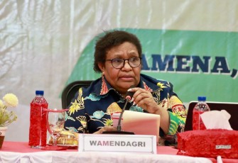 Wamendagri Ribka Haluk dalam Rapat Koordinasi Rencana Pembangunan 2.200 Unit Rumah yang berlangsung di Hotel Baliem Pilamo, Wamena, Kabupaten Jayawijaya, Papua Pegunungan, Rabu (13/8/2025).