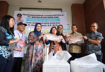 Ketua TP PKK Kepri Dewi Kumalasari mewakili Gubernur Ansar Ahmad melepas ekspor dengan melakukan pemotongan pita di Ruang VIP Bandara RHF.