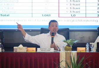 Menteri ATR/Kepala BPN Nusron Wahid saat memimpin Rapat Koordinasi (Rakor) Transformasi Layanan Pertanahan bersama Kepala Kantor Wilayah (Kakanwil) dan 148 Kepala Kantor Pertanahan (Kantah) se-Indonesia di Pendopo Sasana Widya Bhumi, Politeknik Agraria STPN, Sleman, D.I. Yogyakarta, Jumat (04/09/2026).